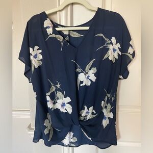 Navy Blue Floral Knot Blouse
